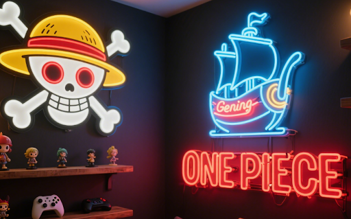 Neon-lit room featuring a One Piece-themed display with a skull and hat, the Going Merry ship, and glowing "ONE PIECE" sign