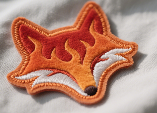 Embroidered fox head patch with orange and red tones, featuring white accents and a stitched outline