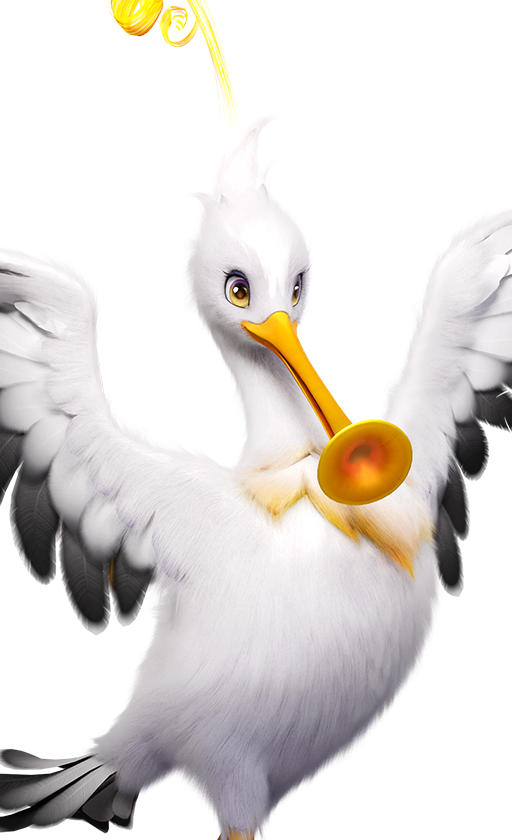 Tromber Aniimo creature with white feathered body, golden trumpet beak, and wings spread in flight